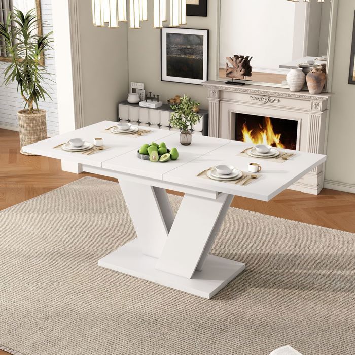 Table à manger 120x80 plateau laqué blanc Table salle à manger extensible structure métal robuste capacité 0x10personnes