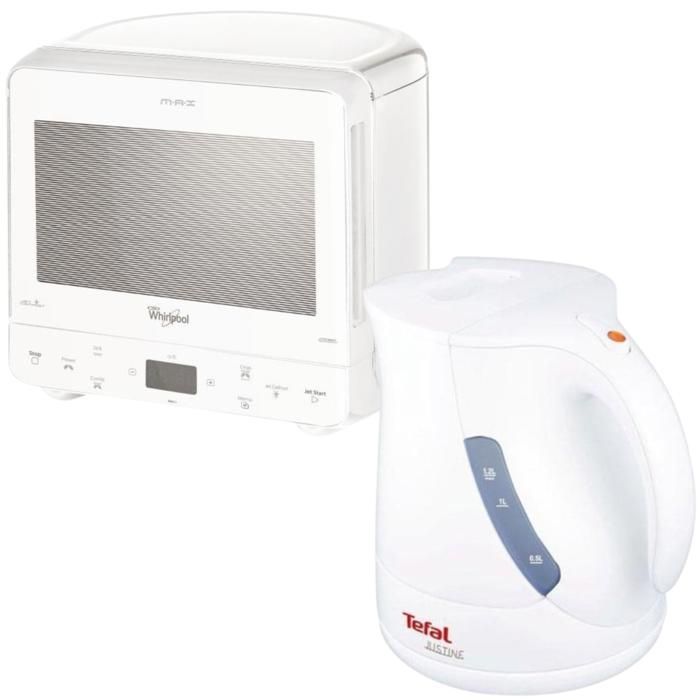 PACK WHIRLPOOL Micro-ondes Posable 13L Plateau 28cm + TEFAL Bouilloire 1.2L Blanc Brillant