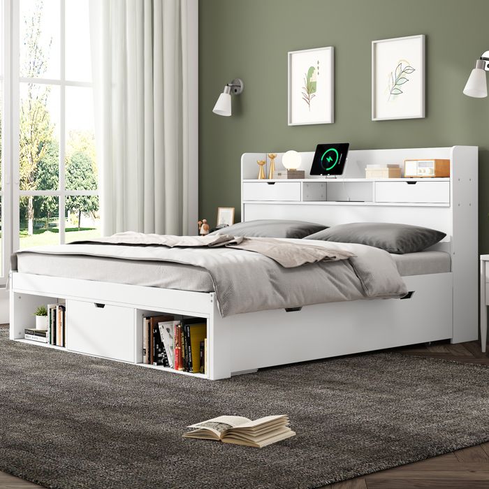 Lit enfant/adolescent 140x200 cm blanc avec ports USB et Type‑C tiroirs et placard structure en pin