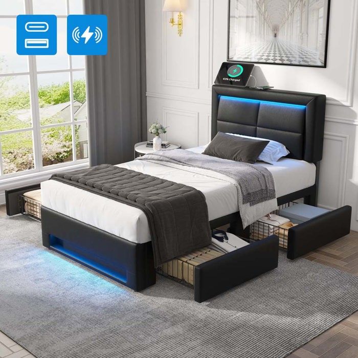 Lit coffre 1 place - 90 x 200 cm - Ports USB-C & recharge sans-fil - Éclairage LED 12 couleurs - 4 tiroirs
