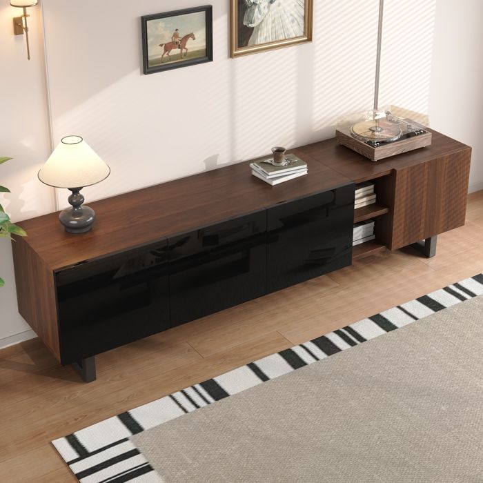 Meuble TV Bas - Noir et Bois Vintage - 4 Portes - Buffet Télévision - 180 x 38 x 50 cm