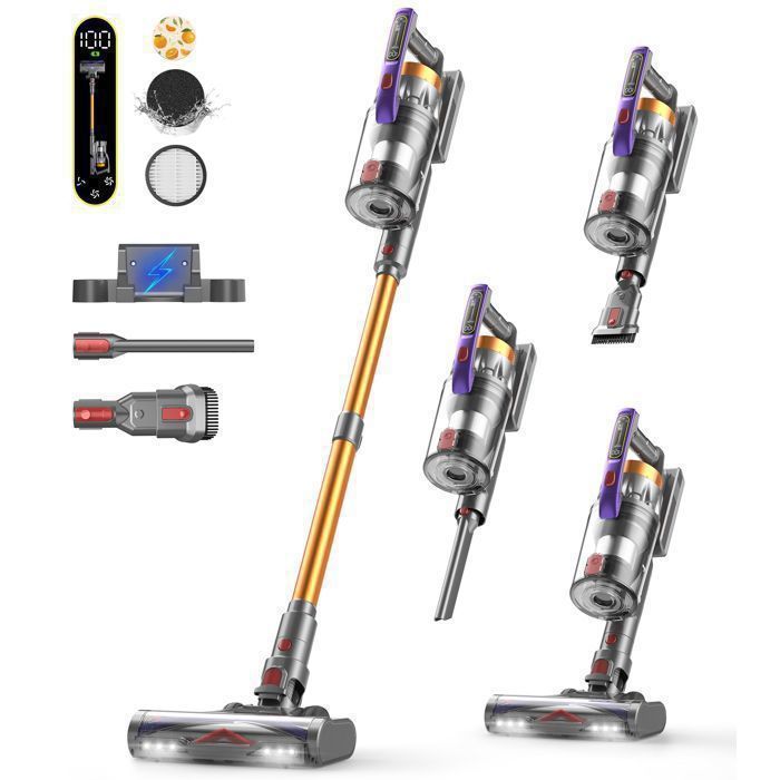 Aspirateur Balai sans Fil 600WUltra Puissant 50kpaLongue Autonomie 70minBrosse Anti TwistÉcran LEDAutoportantBatterie Amovible