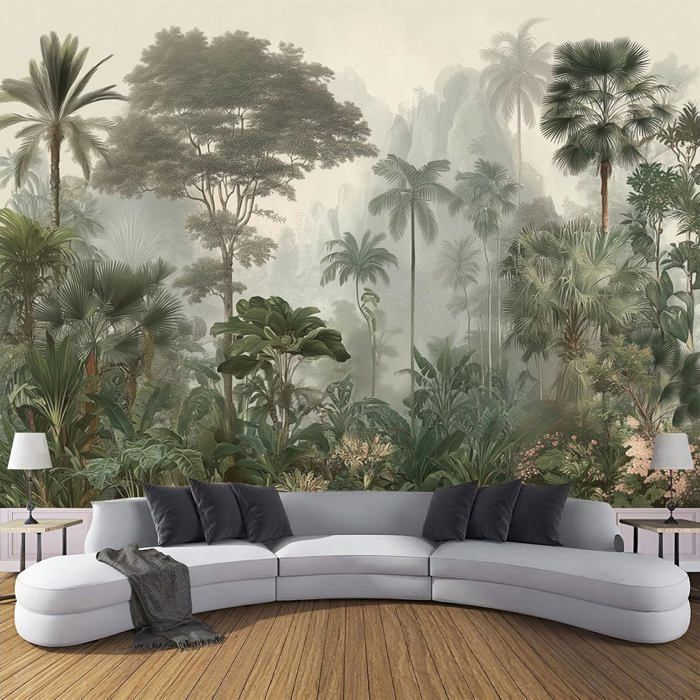 Papier Peint Panoramique Vintage Plantes Forêt Tropicale Palmiers ...