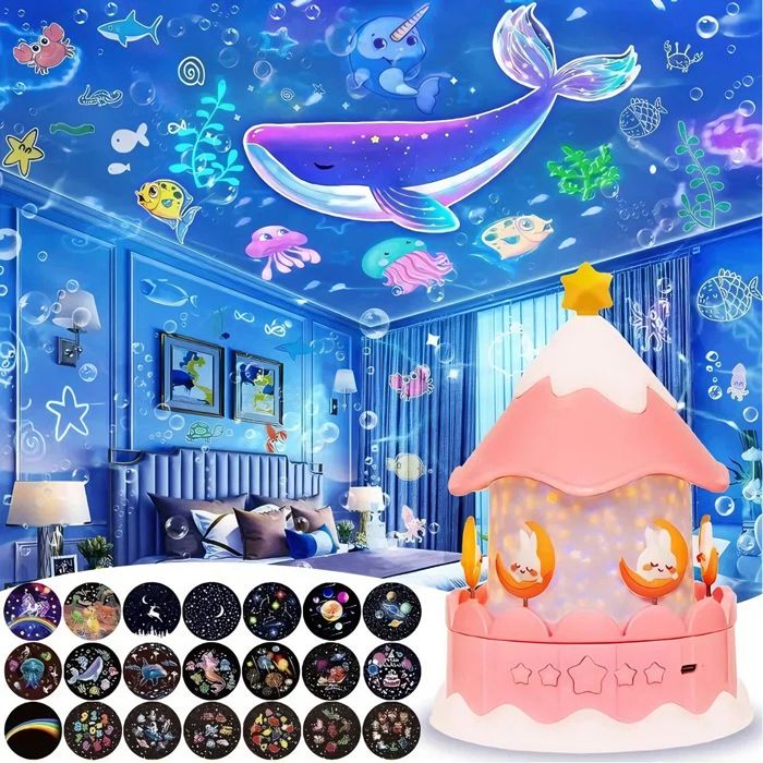 Veilleuse LED pour enfants Projecteur ciel etoile 21 films avec rotation à 360° et Luminosité réglable - rose