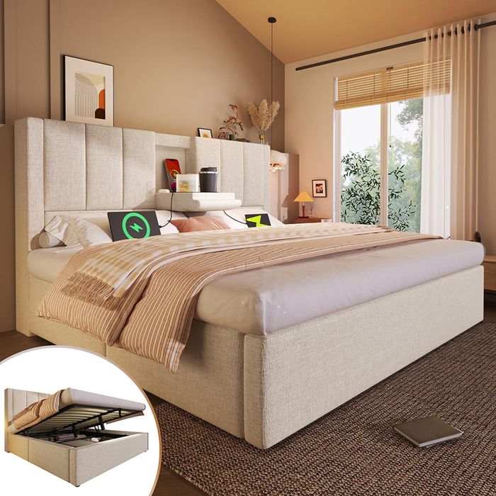 Lit coffre rembourré 160x200 cm avec porte-gobelet - Ports USB et Type C - Lit hydraulique avec rangement - Lin - Beige