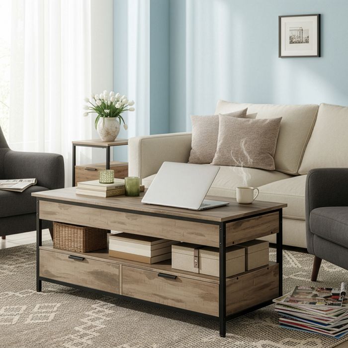 Table Basse de Café avec Rangement Ouvert Plateau Relevable Tiroirs pour Salon Compartiment Caché 120 x 50 cm Marron et Noir