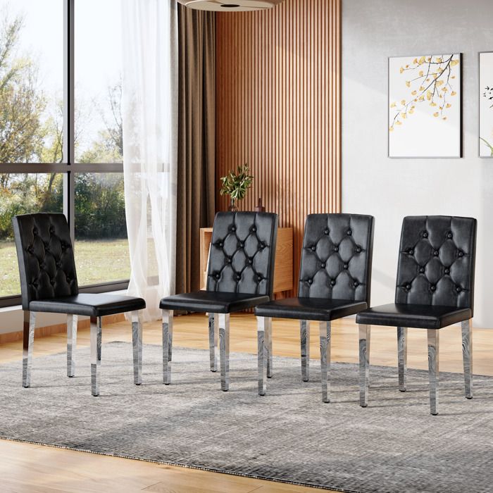 Lot de 4 chaises de salle à manger en simili cuir et métal avec dossier matelassé style moderne noir et argent