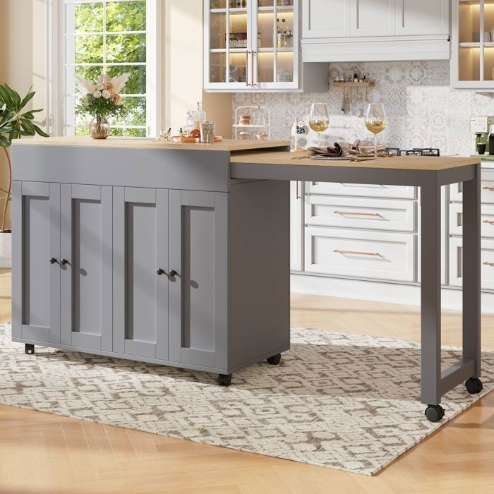 Comptoir de bar moderne extensible 117-180 × 50 × 94 6 cm avec rangements îlot de cuisine gris 6 étagères table à rallonges