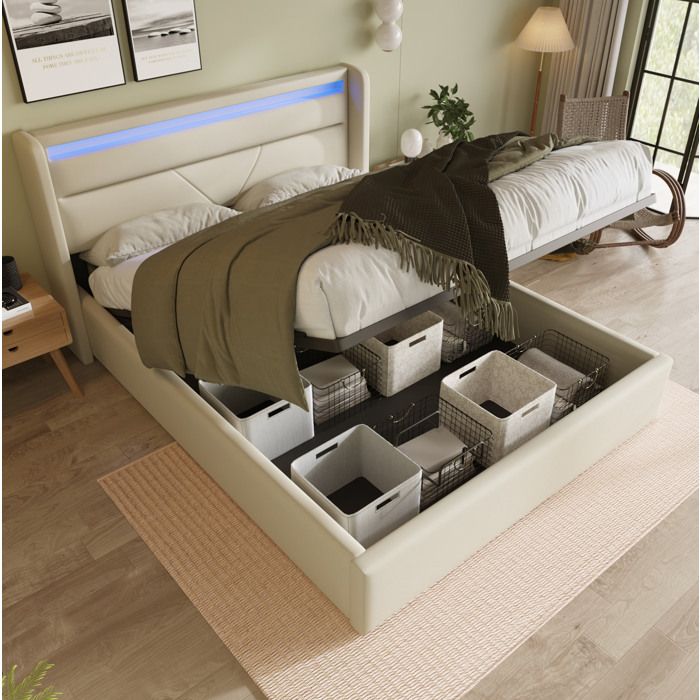 Lit coffre 160 × 200 cm en PU blanc avec LED et télécommande
