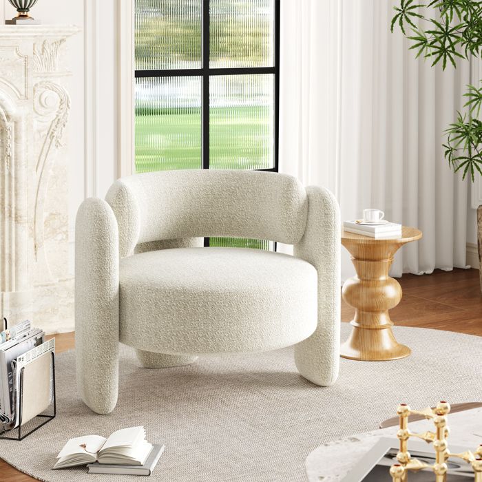 Fauteuil lounge moderne confortable en chenille et bouclette – Grand fauteuil tonneau pivotant avec dossier ouvert salon chambre
