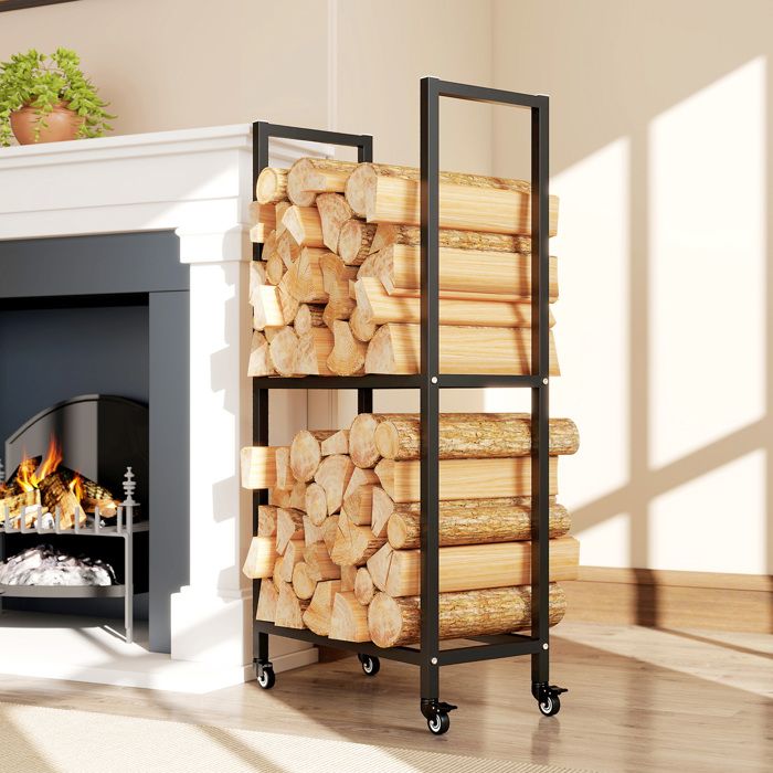 Range-bûches intérieur et extérieur à 2 niveaux avec roues en acier renforcé 60 x 30 x 119 cm noir