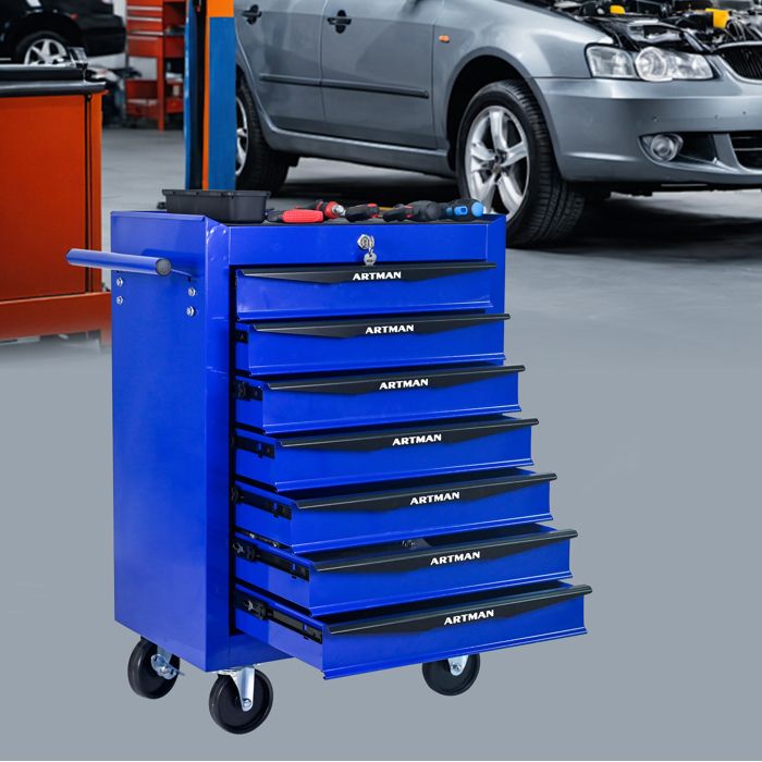 JOINERY meuble rangement servante atelier mobile 7 tiroirs acier noir et bleu sur roulettes avec serrure à clé garage robuste