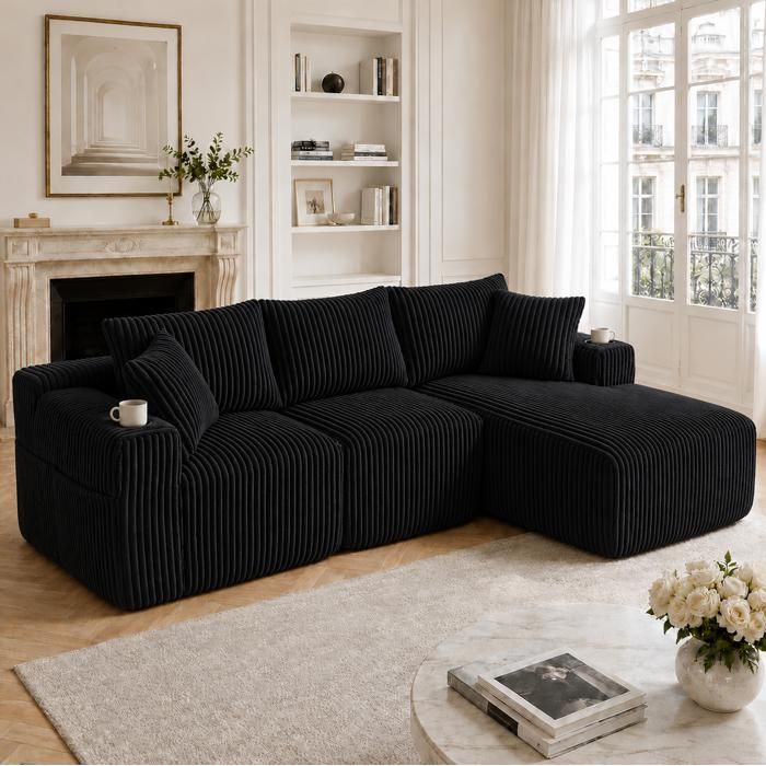 COVREO Canapé d’angle modulable 3 places avec méridienne velours côtelé noir 5 coussins porte-gobelet