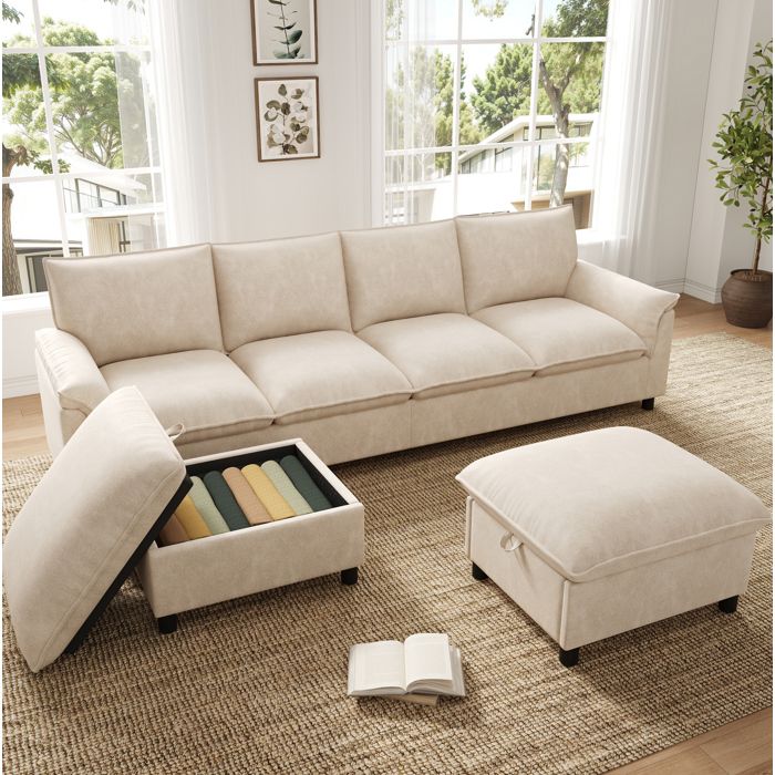 Canapé modulable en U beige en chenille avec 2 poufs mobiles de rangement dossier haut 2645 x 1425 x 84 cm