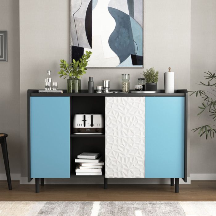 Buffet Bas 2 Portes 2 Tiroirs et 2 Niches - BEAUNIV - Meuble de Rangement MDF Noir et Bleu 120×40×80 cm