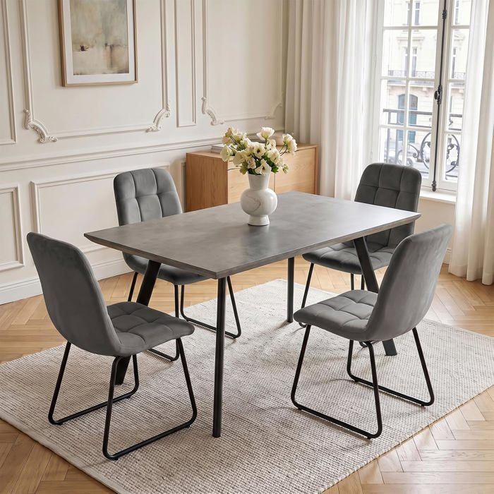 JIEXI Ensemble table de salle à manger et 4 chaises table de salle à manger gris 120 cm avec chaises en velours gris