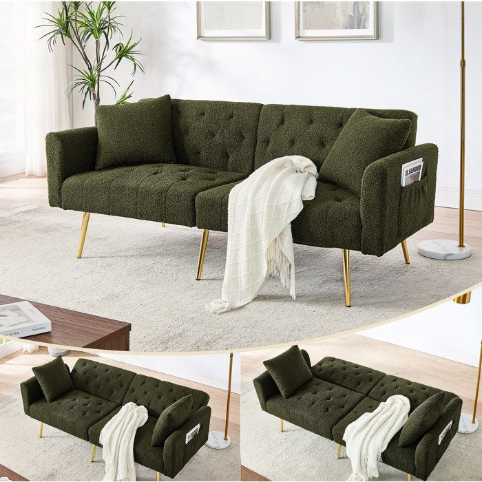 WOVREO canapé convertible 2 places vert en teddy bouclé dossier réglable 3 positions 2 coussins pieds métal doré