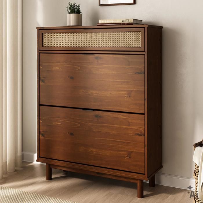 Meuble à Chaussures JONTE en Bois Massif Coloris Châtaignier 2 Abattants 1 Tiroir Pour 16 à 20 Paires Façade en Rotin Meuble à Chaussures JONTE en Bois Massif Coloris Châtaignier 2 Abattants 1 Tiroir Pour 16 à 20 Paires Façade en Rotin