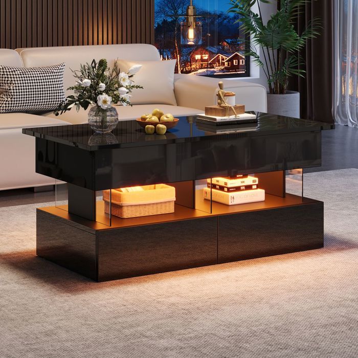 Table basse - WESTYLE - 100 x 50 x 46 cm - Plateau relevable - 2 tiroirs & rangement dissimulé - LED noir brillant