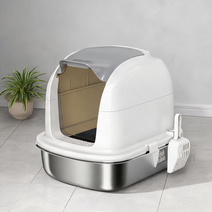 Bac à litière fermé avec couvercle rabattable en acier inoxydable finition blanc 524 x 413 x 42 cm pour chat