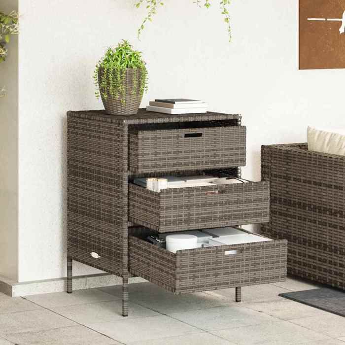 Gris Armoire de rangement de jardin et 3 tiroirs gris résine tressée - Meuble de balcon LV58815
