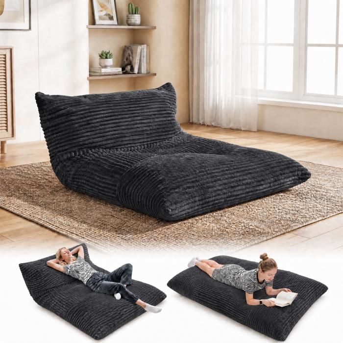 COSTWAY Pouf Géant 3-en-1 Transformable Canapé de Sol Lit d’Appoint Velours Côtelé Housse Amovible Lavable Sans Assemblage Noir