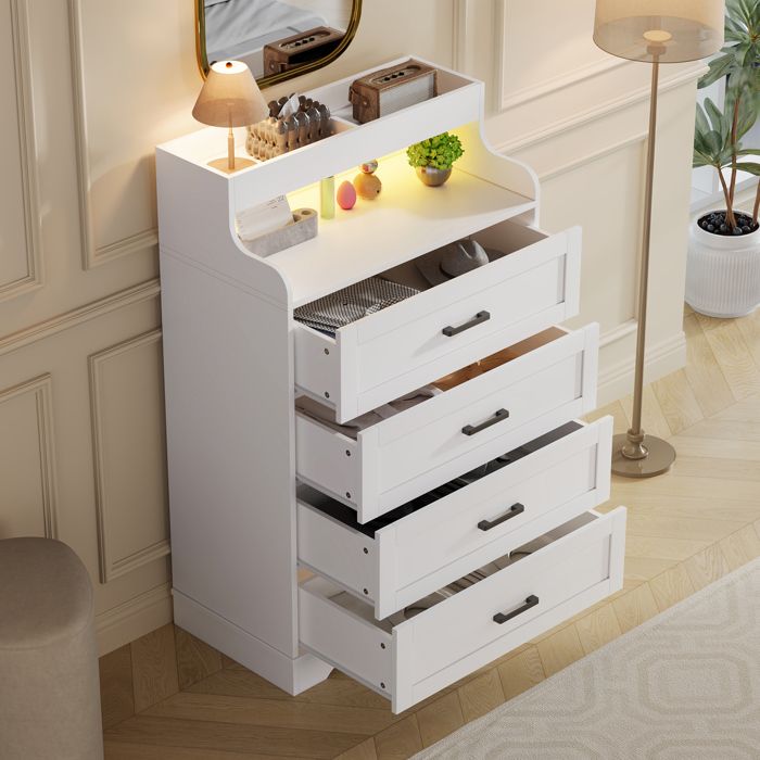 Commode Blanche 4 tiroirs en Bois Commode Haute avec LED Armoire de Rangement Moderne pour Chambre Salon Entrée 73 x 40 x 114 cm