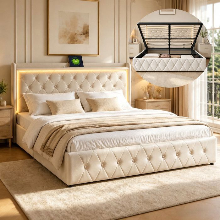 Lit Double Capitonné 140x190 cm Lit Coffre Adulte avec LED et USB Cadre de Lit Rembourré avec Sommier Velours Beige