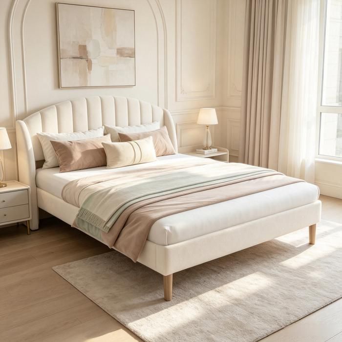 Lit rembourré double 140x190 cm tête de lit côtelée sommier à lattes en boisDesign scandinave veloursBeige