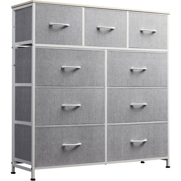 WLIVE Commode à 9 tiroirs en tissu cadre acier et plateau bois gris clair pour chambre et placard