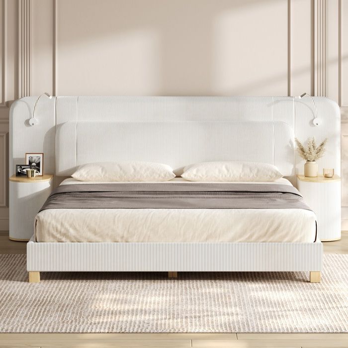 Lit rembourré double 140x200 cm - Lit adult avec Deux tables de chevet intégrées et lampes LED - sommier à lattes include - beige