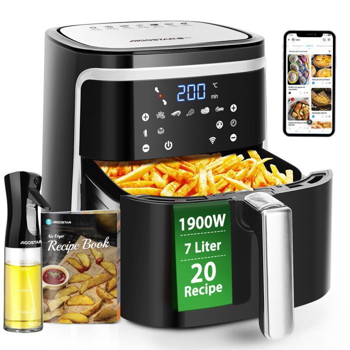 Aigostar Smart Cube - Friteuse air connecte Wifi grande capacit de 7L. 0 BPA 1900W. 7 programmes maintien au chaud.