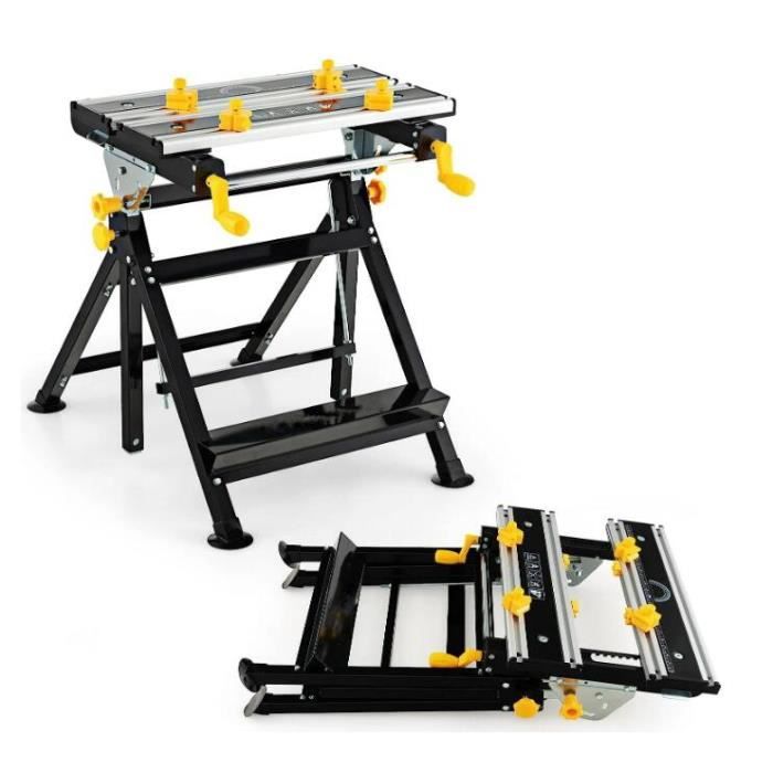 LARBANKE Établi Réglable 120CM,Poste De Travail En Bois Avec Lignes Graduées,Hauteurs De 85-105CM,Capacité De Charge 900KG,Établi Robuste Avec Roues Et Repose-Pieds