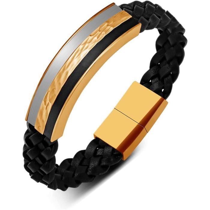 Bracelet Homme Cuir Tressé 21cm - Fermoir Acier Inoxydable, Noir - Neuf Avec Étiquettes