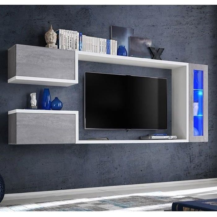 Meuble Mural TV - Urko - Blanc et Gris Cemento - LED - 2,3m