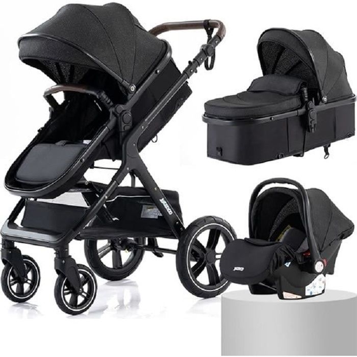 BAZARLAND30 Poussette 3 en 1 Bébé Combinée Siège-Auto Nacelle Trio Réversible Réglable Haute Qualité Roues increvables Canne noir.