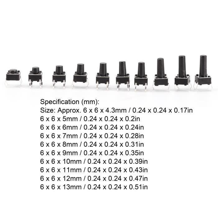 100 Pièces Interrupteur Bouton Poussoir Tactile Momentané 6x6x6mm - Mini Micro Switch