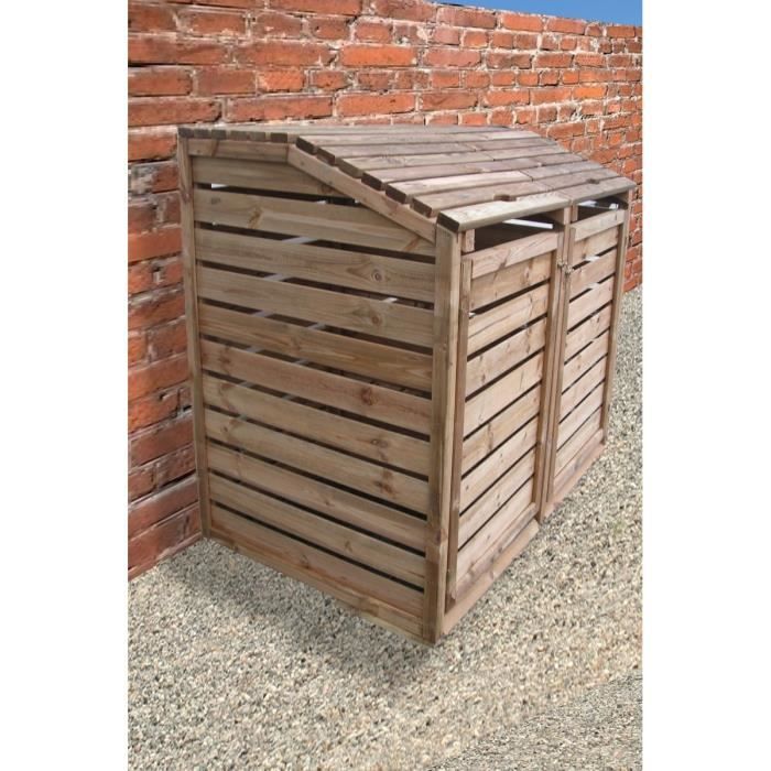 Cache poubelle en bois autoclavé double - 150x90x120cm - Cache et abri pour 2 bacs poubelles