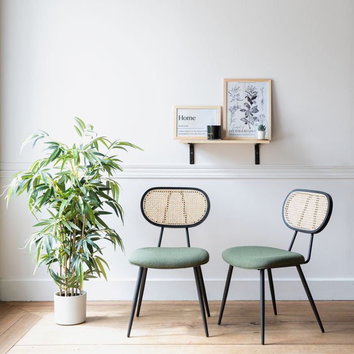 Lot de 2 chaises en cannage et tissu boucle vert kaki ELENA