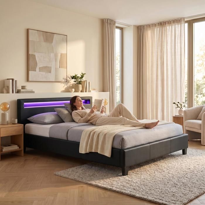 Lit LED double PINOT 140x190 cm, avec sommier, rev&ecirc;tement synth&eacute;tique noir