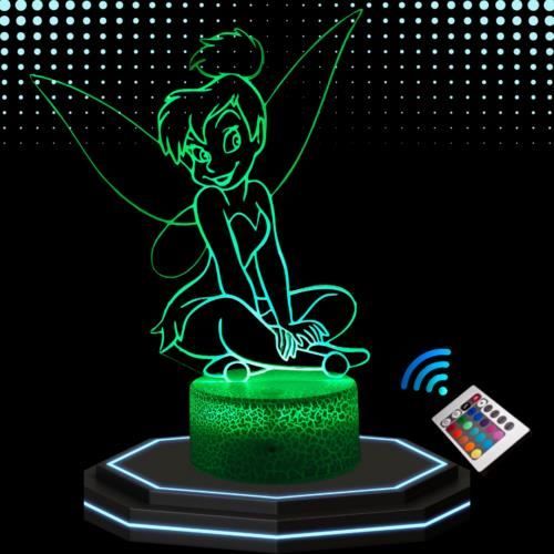 Lampe de Chevet 3D LED Fée Clochette Veilleuse Changement de Couleurs Lampe Tactile Bureau et Chambre Enfant Idée Cadeau Deco