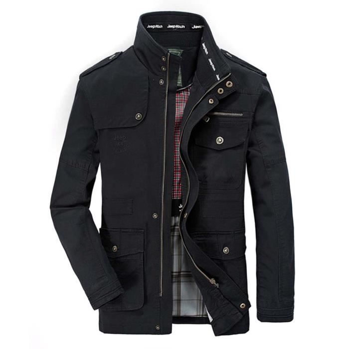 Blouson Printemps Homme Col Montant Casual Veste en Coton Mode Vetement Zippee Noir