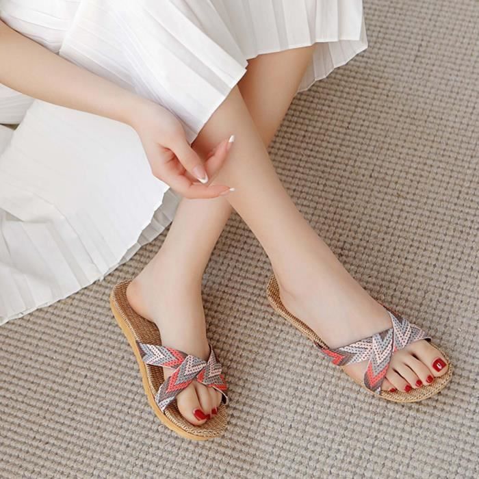 Chaussons Maison Unisexe Antidérapants - Motif Floral - Coton Et Lin - Taille Unique - Neuf Sous Emballage