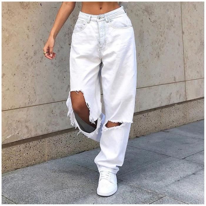 Jeans Femmes Bouton Taille Haute Poche Elastique Trou Jean Pantalon En Denim Ample White White Cdiscount Pret a Porter