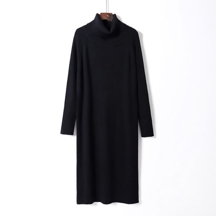 PULL,HLBCBG �?? robe longue tricot?�e ?� col roul?� pour femme, pull over basique, coupe ajust?�e, mi 