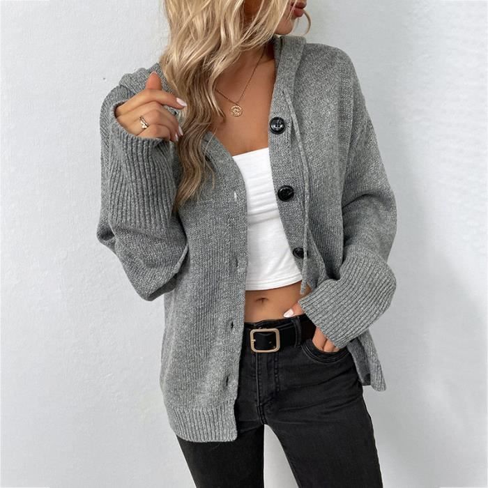 Gilet Femme Hiver Tricot A capuche Manches longues Chaud Gris Gris Cdiscount Pret a Porter