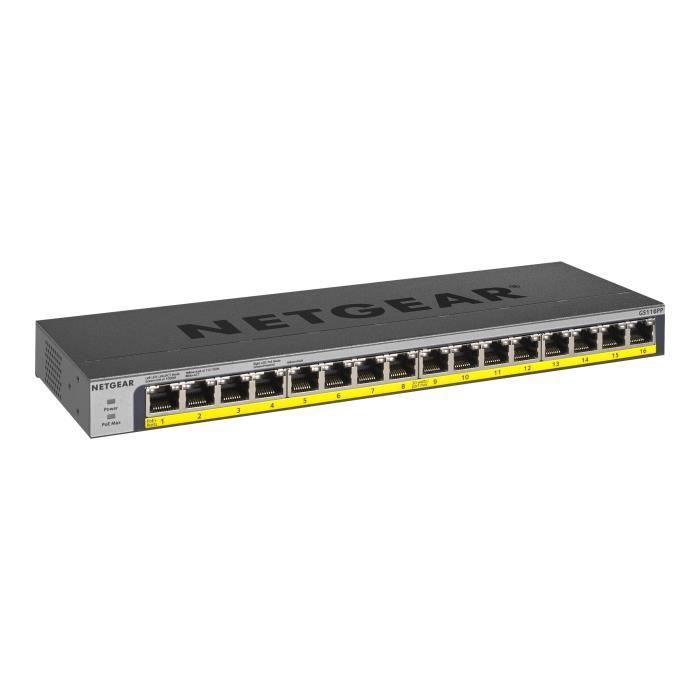 NETGEAR Commutateur Ethernet GS116PP 16 Ports - 2 Couches supportées - Paire torsadée - Fixation au mur, Montable en rack, Bureau