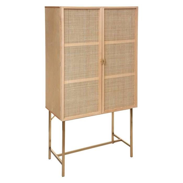 Buffet Rétro Cannage Bois Foncé 165cm - 2 Portes 6 Compartiments - Piètement Métal Industriel