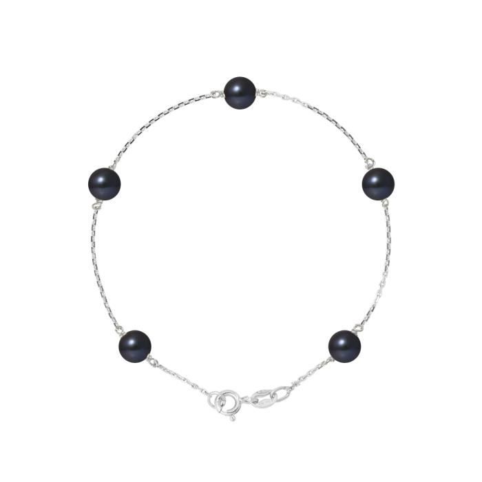 Bracelet - PERLINEA - 5 Perles de Culture dEau Douce 6-7 mm - Argent 925 - Noir - Longueur 18 cm Bracelet - PERLINEA - 5 Perles de Culture dEau Douce 6-7 mm - Argent 925 - Noir - Longueur 18 cm
