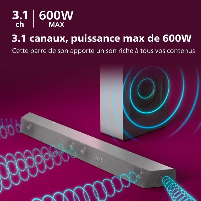 Barre De Son Philips Fidelio B95/10 5.1.2 Avec Caisson Sans Fil - Dolby Atmos, DTS:X, IMAX Enhanced - 808W - Pour Home Cinéma Immersif